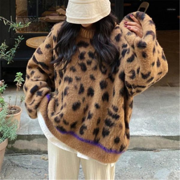 

fashion vintage leopard print knitted sweater women casual o-neck batwing sleeve loose oversize pullover lazy style women's sweaters, White;black