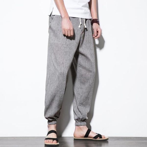 

men's pant summer casual pants natural cotton linen trousers elastic waist harem herren hosen, Black