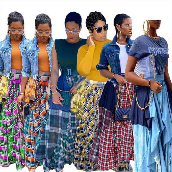 

plus size women long maxi skirts high waist patchwork loose asymmetrical plaid print big swing floor length long skirt, Black