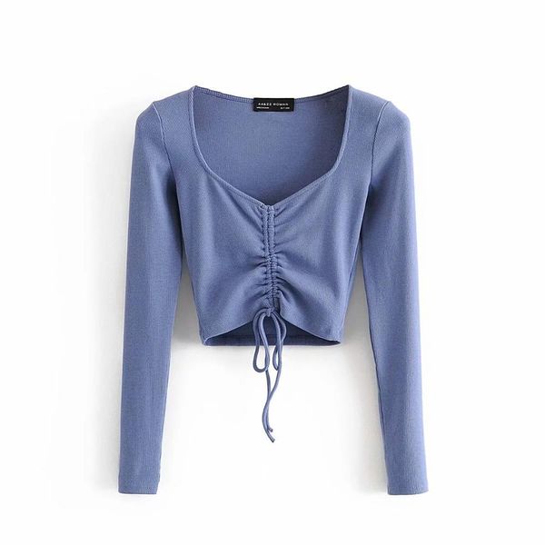 

women crop ribbed gathered long sleeves v-neck short t- shirt casual fashion female t-shirts 210420, White