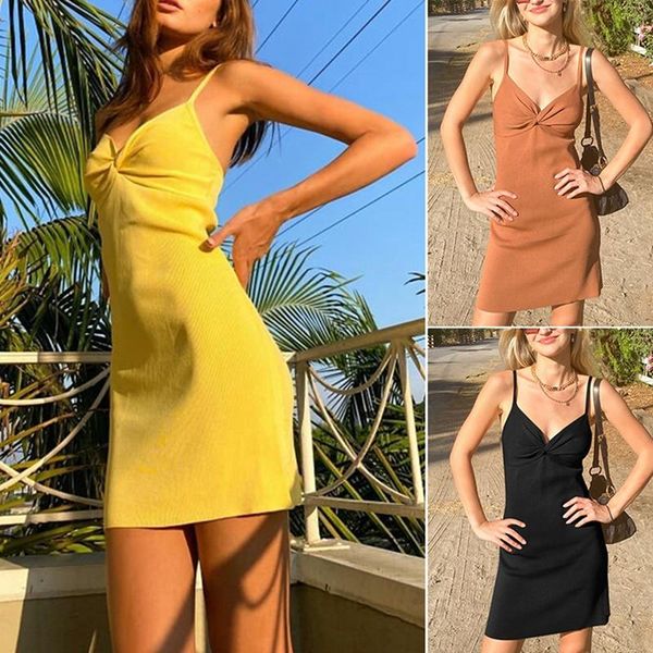 

casual dresses women's cami dress spaghetti strap sleeveless twist front knot solid color mini, Black;gray