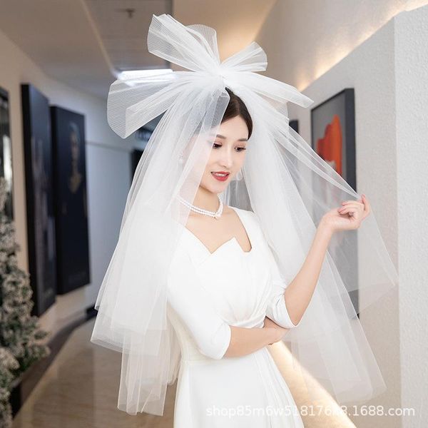 

headpieces bride wedding headdress with big bow double-layer short white veil styling bridal po accessories, Silver