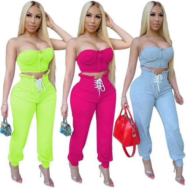 

neon green rose red 2 piece matching set women tracksuit off shoulder zipper up crop and lace high waist jogger pant suit two dress, White
