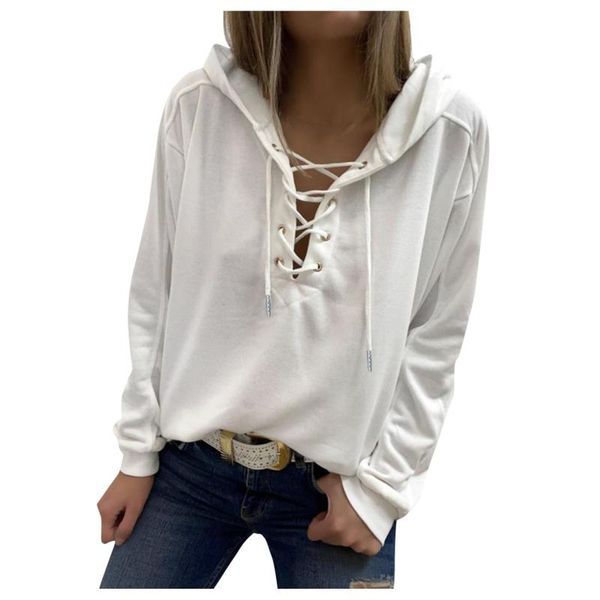 

women's hoodies & sweatshirts women fashion drawstring pure color curved hem sweatshirt plus size ladies v-neck hoodie, Black