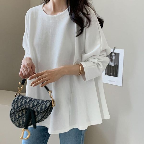 

women's t-shirt women solid color loose slim round neck female elegant fashion casual korean long sleeve fall chic spring trendy, White