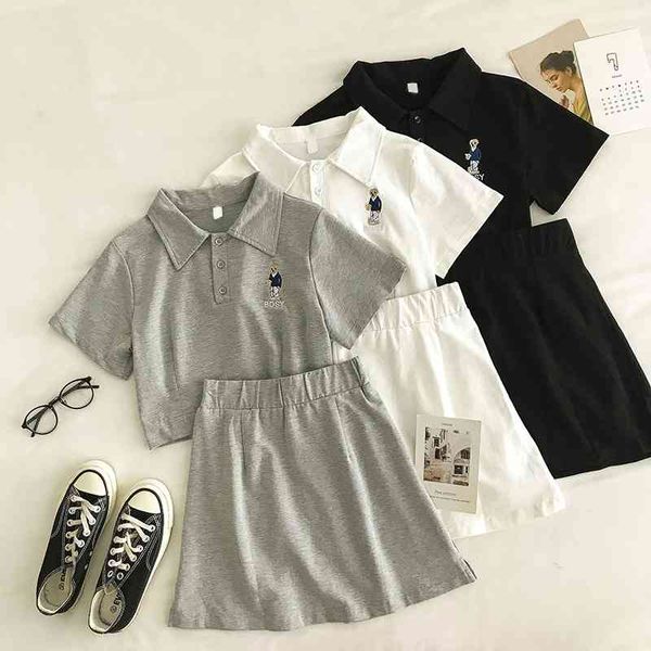 

summer skirts and sets women's tracksuits polo shirts and elastic high waist a line skirt two pieces outfits female shirts 210407, White