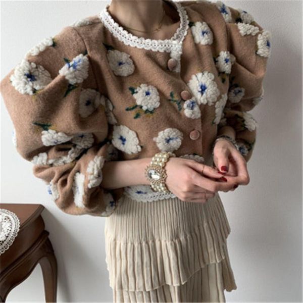 

women's wool & blends vintage woman 2021 korean chic casual o-neck 3d print flowers sweater puff sleeve oversized short carigans win, Black