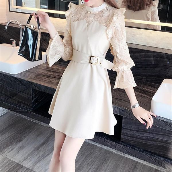 

autumn spring dress office lady elegant ruffles dresses a-line retro casual mini patchwork lace belt m359, Black;gray