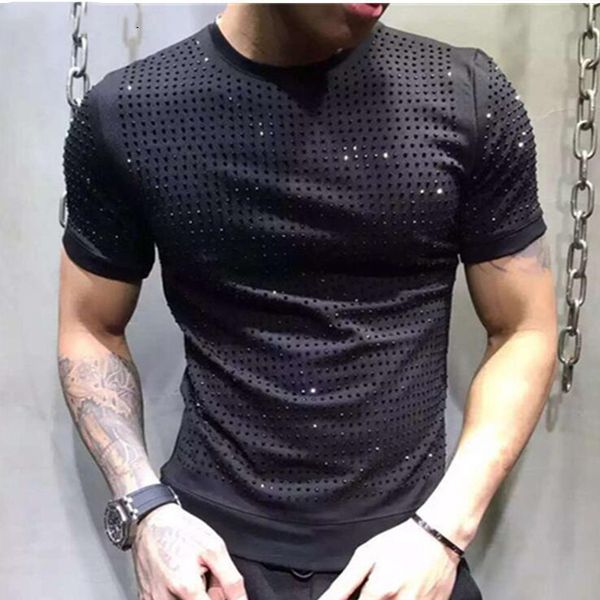 

men's t-shirts 2022 summer new diamond applique round neck black loose short sleeve luxurious glitters hip hop connector style clother, White;black