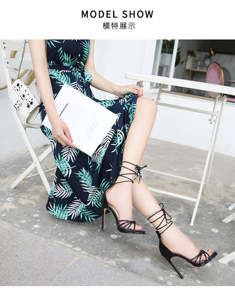 

sandals rocwickline summer and autumn women's super high heels lace-up fashion shallow cross-tied peep toe thin office lady, Black