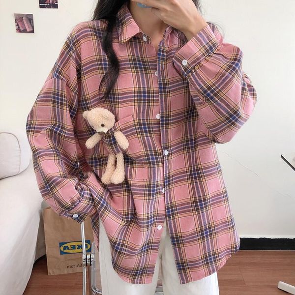 

color harajuku kawaii bear pocket shirt female casual plaid shirts plus size blouse mujer women's blouses &, White