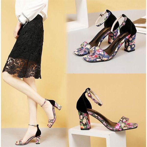 

summer women's sandals sweet little floral color matching wild thick with fashionable open toe shoes high quali, Black