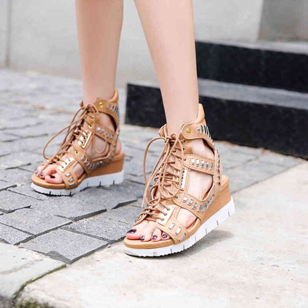 

sandals summer slope heel color matching leather fashion sandals casual lace-up hollow sports rivets leisure sandals1 xvo7, Black