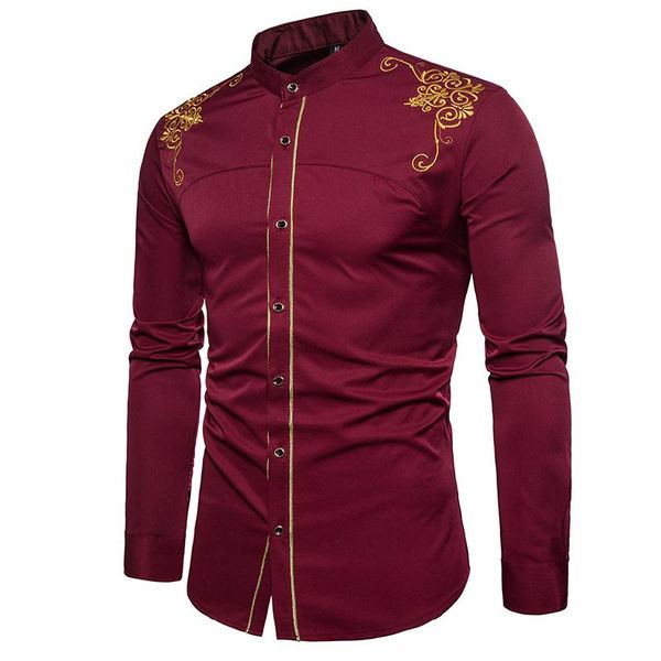 

stand collar men shirt spring autumn casual plus size print embroidery cotton slim fit long sleeve men's shirts, White;black