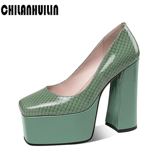 

dress shoes genuine leather pumps woman super high heels square toe slip-on platform female office lady wedding party shoe, Black
