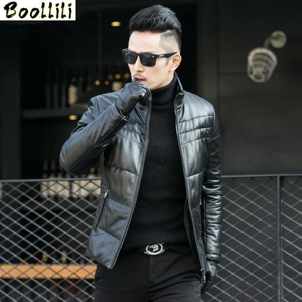 

men's leather & faux boollili winter genuine coat men thick warm down outwear real sheepskin, Black