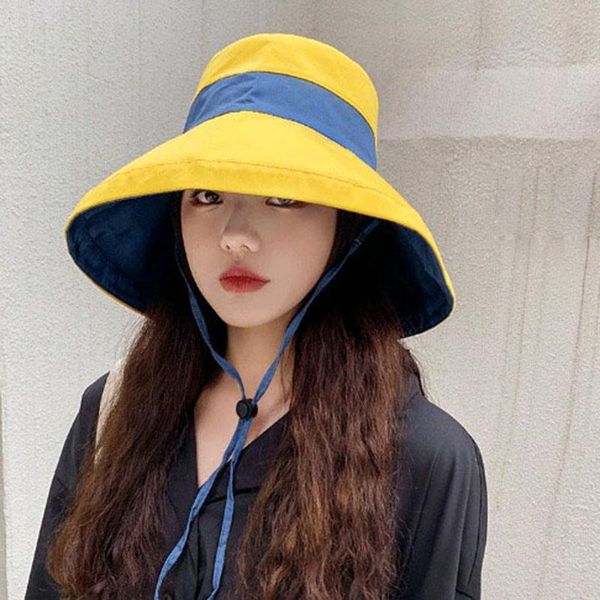 

wide brim hats solid color hat women summer super sun uv protection fisherman cap korea bucket casual beach foldable, Blue;gray