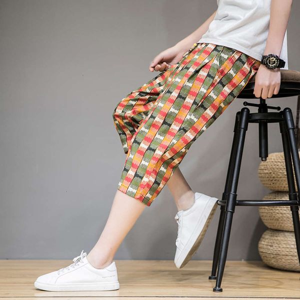 

men's pants summer beach chinese style plaid casual shorts trendy large youth straight capris vmsz, Black