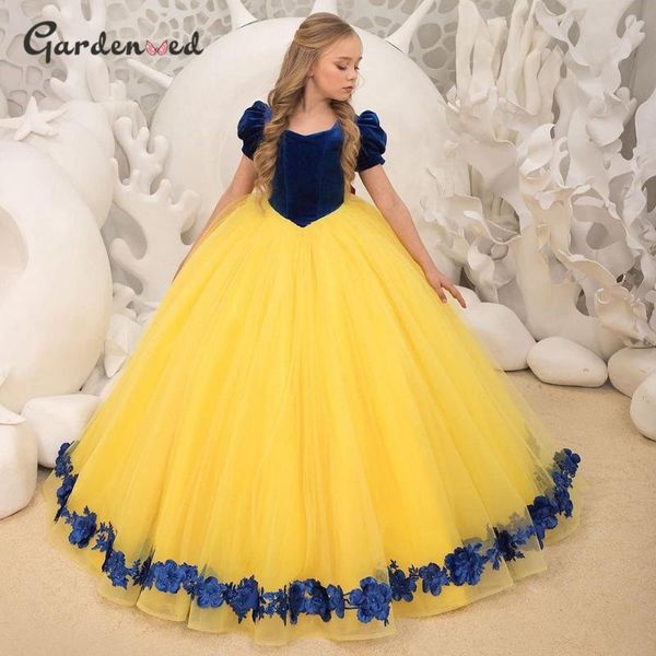 

yellow flower girl dress puffy tulle first communion short sleeve birthday party princess girl's dresses, Red;yellow