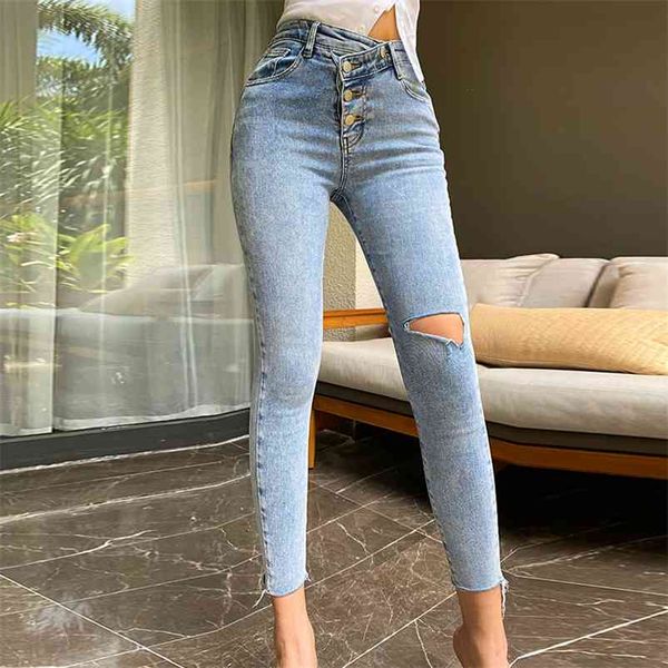 

skinny jeans woman high waist ripped slim stretchy denim little feet pants fashion blue wash nine points pencil 210629