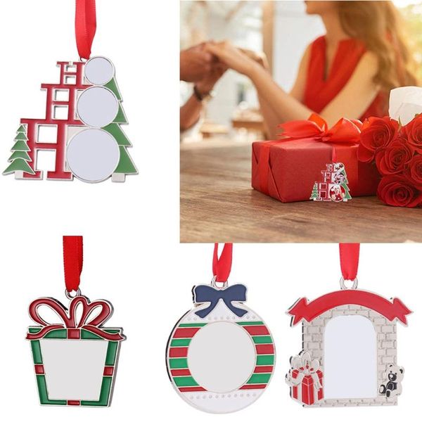 

charms christmas tree type sublimation blank pendant heat transfer hanging ornament with red rope for holiday diy crafts accessories, Bronze;silver