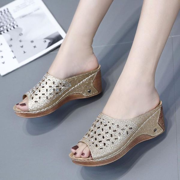 

slippers bling women sandals 2021 summer fashion high heel crystal casual ladies shoes heels rhinestone, Black