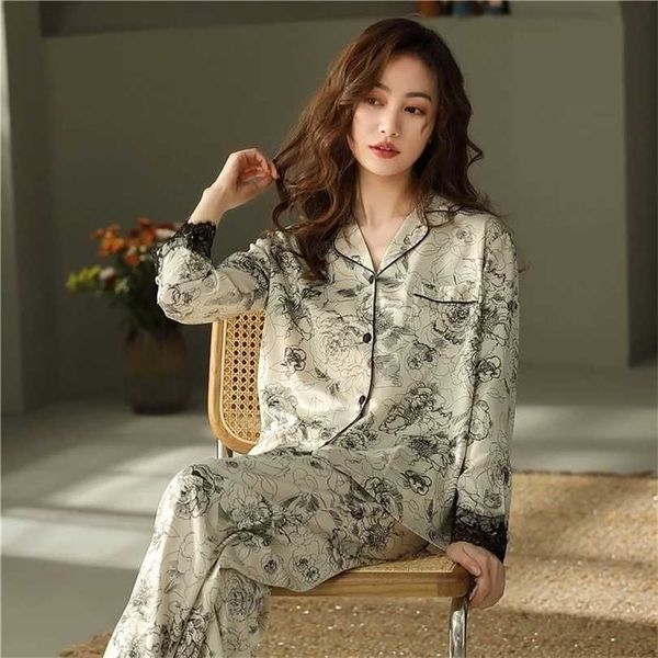 

satin pajamas set couple autumn winter home suit with pant women's print pajama silk pijama sleepwear for female pyjamas 211215, Black;red