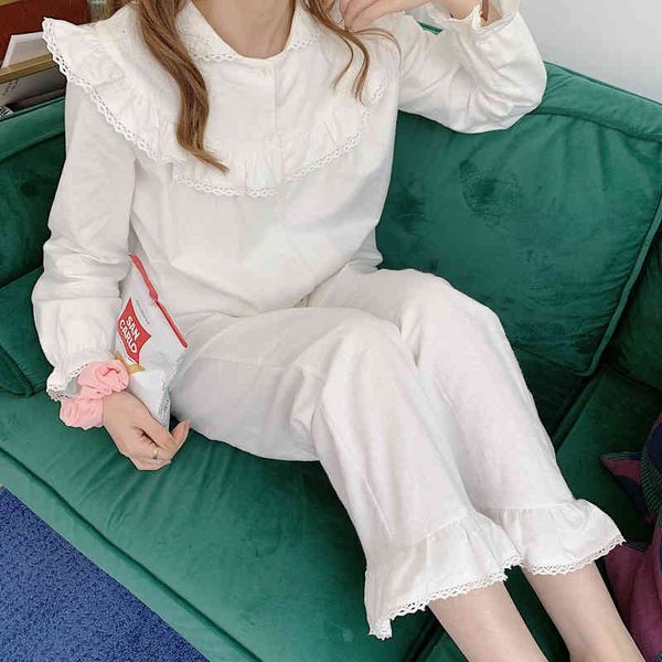 

sleepwear nightwear two-piece suits women retro cotton white sleepwear sets warm cute winter loose pajamas home clothes, Black;red