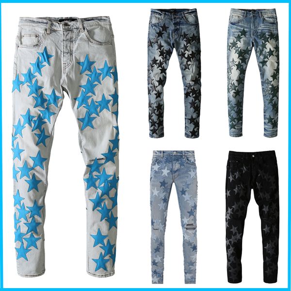 

mens jeans european and american high street fashion brand yellow mud wash water blue retro old knee knife cut hole scarf applique slim for