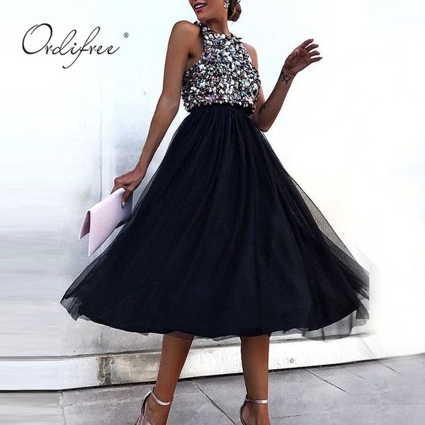 

summer women sleeveless party black sequin tulle midi dress 210415, Black;gray