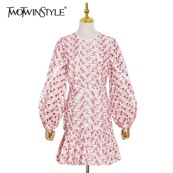 

twotwinstyle vintage elegant tunic dress for women o neck long sleeve high waist hollow out embroidery dresses female fashion 210517, Black;gray