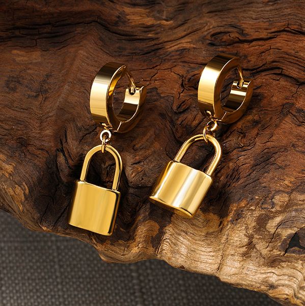 

geometric lock chunky drop earrings for women fashion gold color stainless steel round dangle earring jewelry accessories, Silver