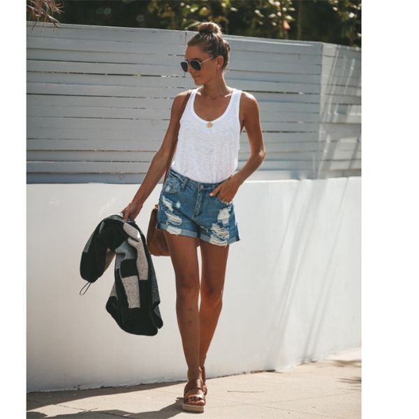 

fashion a pair of jeans women's street trendsetters wear straight shorts, Blue