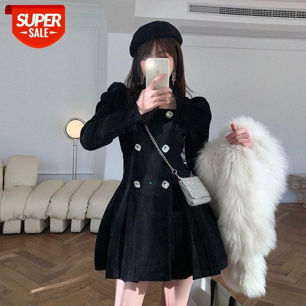 

hepburn style square neck puff sleeve dress women's double-breasted diamond button waist pleated little black skirt shorts women #ec2e, Black;white