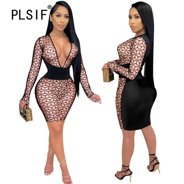 

casual dresses deep v neck long sleeve mini dress tight club party lady fashion sheath women, Black;gray