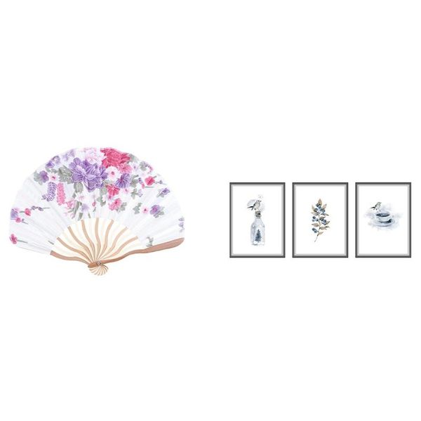 

wall stickers bamboo flower printed japanese style foldable hand held fan gift decor with frameless picture sticker