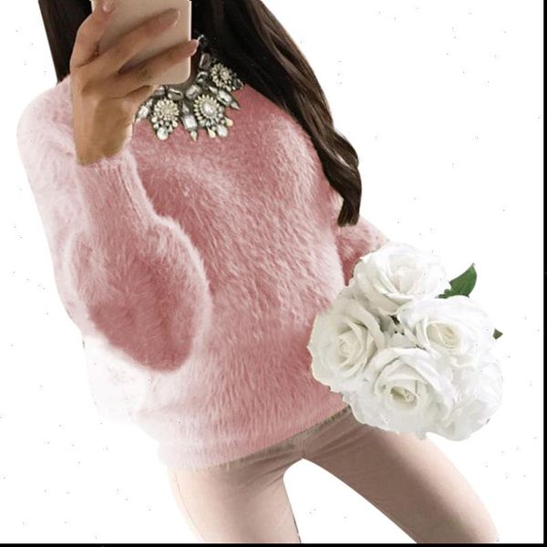 

5 colors hairy women sweaters fluffy thick warm long sleeve pullover autumn winter o neck solid color jumper, White;black