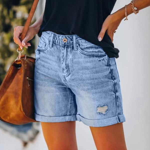 

summer high waist women shorts wide leg blue denim casual loose straight button jeans bermuda t2q, White;black