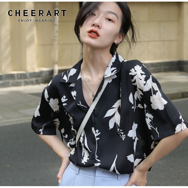 

black white floral print korean shirt women and blouses short sleeve lapel loose collared casual 210427