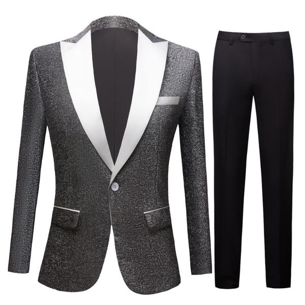 

men's suits & blazers white stitching lapel jacket silver sequins banquet party slim wedding tuxedo suit stage costume nightclub si, White;black