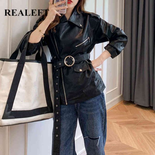 

autumn pu faux leather sashes black women's jacket zipper loose biker jackets coat female outwear ladies 210428