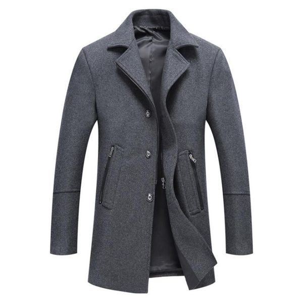 

winter wool coat men single breasted grey long trench casual & blends jacket slim fit fashion mens woolen overcoat men's, Black