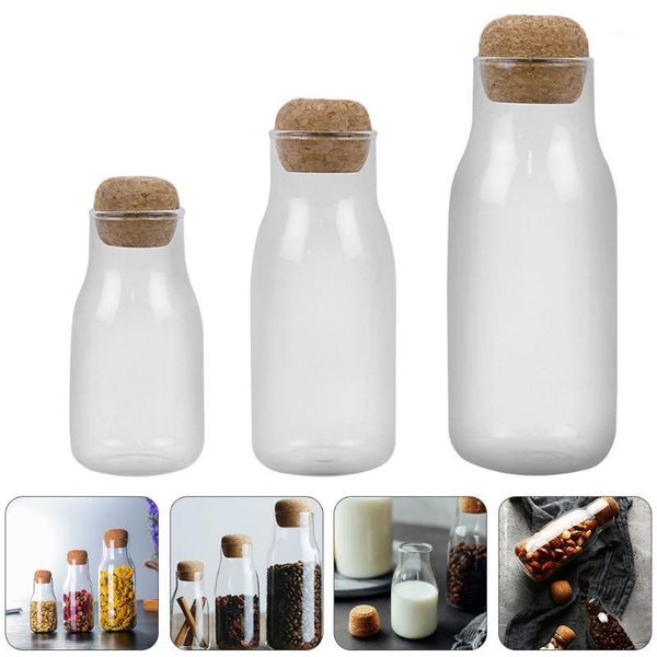 

storage bottles & jars 3pcs glass kitchen sealed container with cork ser (transparent)