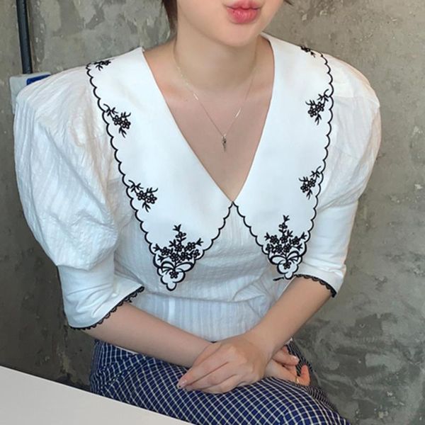 

women's blouses & shirts dongdaemun korean chic puff sleeve blusa femme loose elegant office lady embroidery turn down collar women bl, White