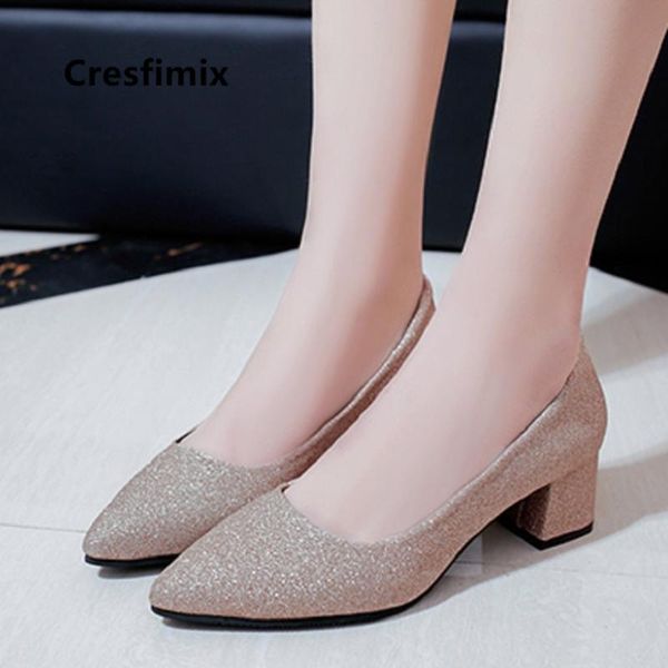 

cresfimix women cute golden comfortable slip on square high heel shoes lady silver bombas de mujeres a5276 dress, Black