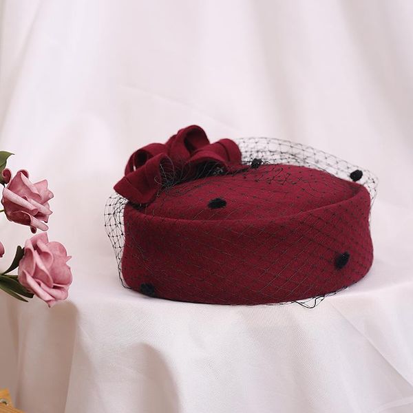 

stingy brim hats high end custom british woollen hat autumn winter vintage bow felt lady lace mesh beret tea party wedding, Blue;gray