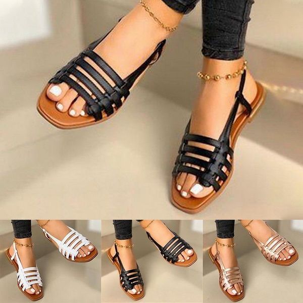 

slippers 2021 flat sandals ladies summer outdoor leather shoes round toe elegent slipper adjustable buckle strap casual, Black
