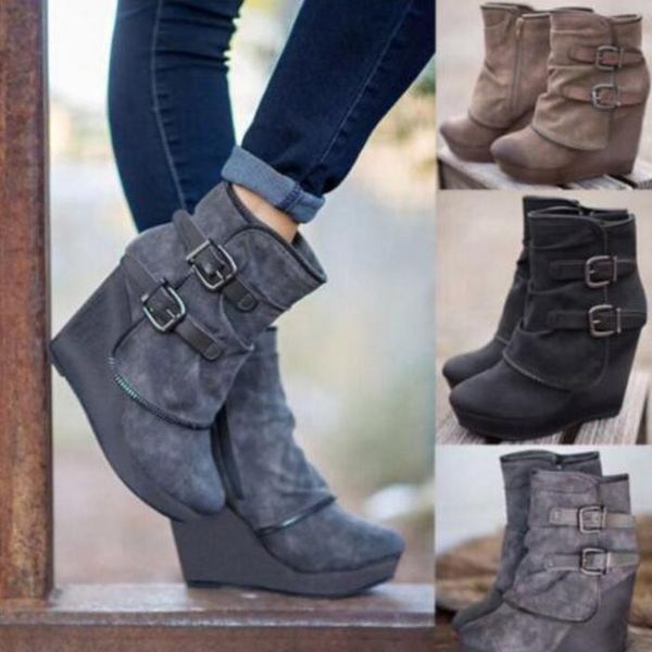 

boots sapato feminino ankle woman high heels wedges women winter shoes buckle platform chaussures femme ete booty ab1128, Black