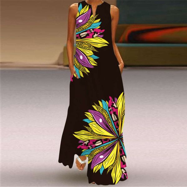 

summer print long skirt v-neck multicolor sleeveless dress, Black;gray