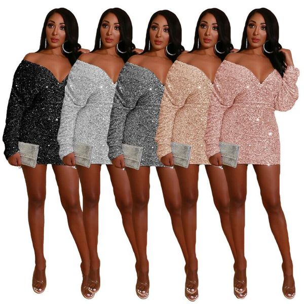 

casual dresses women girls v-neck shiny sequin bodycon short mini dress off shoulder long sleeve party clubwear sheath solid color, Black;gray